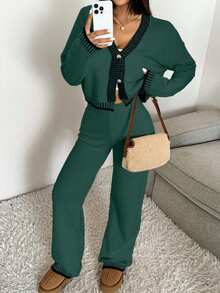 EURMUSE 2pcs Women Casual Contrast Trim Button Cardigan And Knit Pants Set, Autumn/Winter - Dark Green - View 3