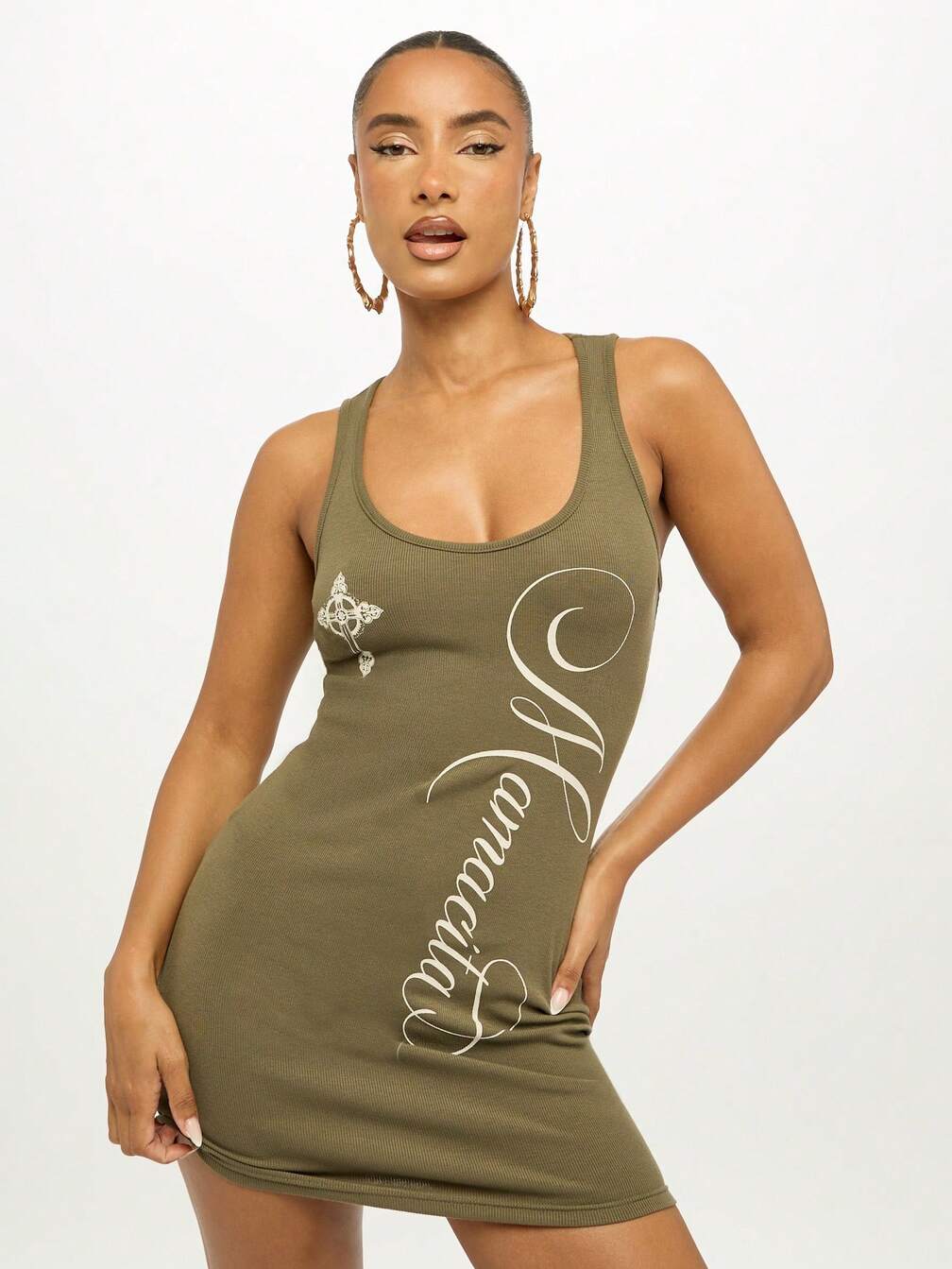 bodycon vest dress SUMWON WOMEN Sleeveless Graphic Vest Mini Dress Logo Angel Wing Print  Fitted Stretch Ribbed Bodycon Party Evening Club Dress｜MISSGUIDED