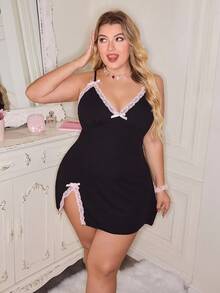 大码蕾丝边撞色细肩带迷你侧开衩睡袍，粉色 - 黑色 - 查看 3