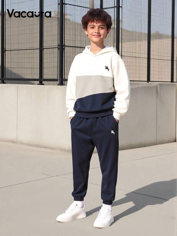Vacaura Boy 2Pcs Autumn/Winter Outfit: Crew Neck Colorblock Sweatshirt Paired With Sports Jogger Pants, Suitable For Outdoor, Commuting, Casual Daily Wear Fall