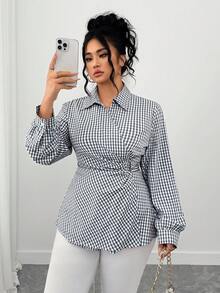 Elenzga Chemise à manches longues à carreaux bleus et blancs de style minimaliste pour femmes grandes tailles - Bleu azur - Voir 5