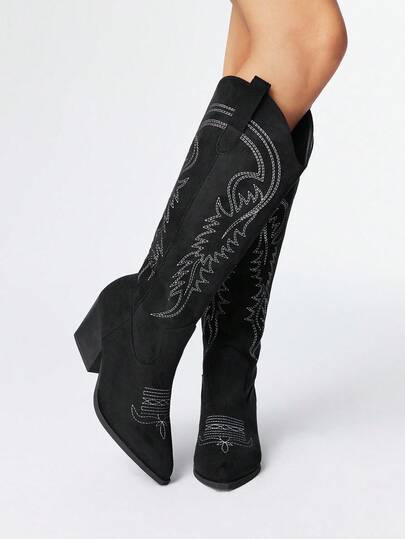 Fairycore Women's Autumn/Winter New Pointed Toe Chunky Heel Embroidered Ankle Boots, Suede Outdoor Fashion Slip-On Western Cowboy Boots