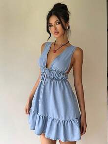 Aloruh 女式牛仔无袖迷你连衣裙，休闲修身，蓝色 - 中等水洗藍 - 查看 8