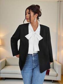 Firerie Blazer long basique pour femmes grandes tailles, noir minimaliste élégant et romantique pour l'automne/l'hiver - Noir - Voir 1