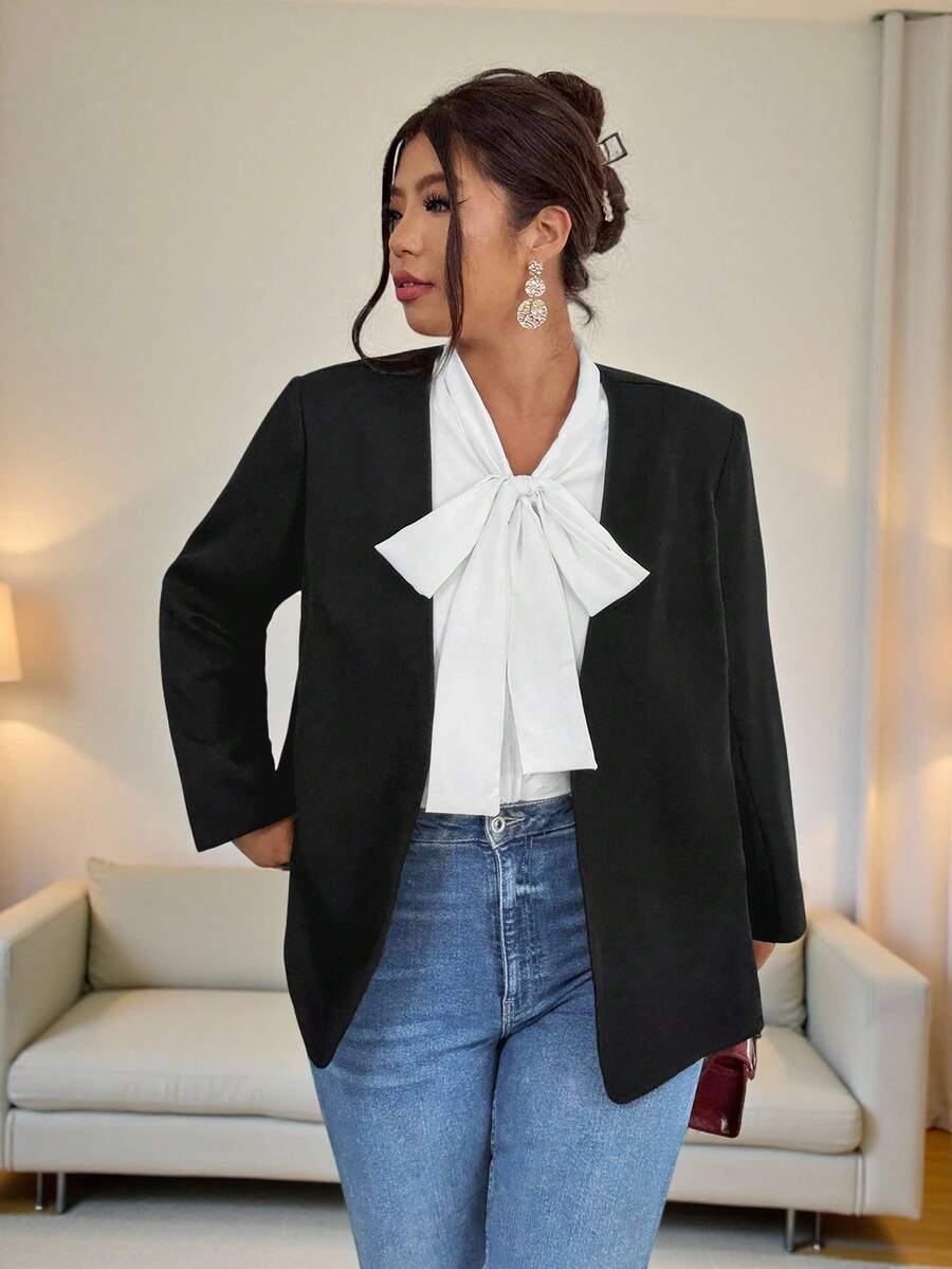 Firerie Blazer long basique pour femmes grandes tailles, noir minimaliste élégant et romantique pour l'automne/l'hiver - Noir - Voir 1