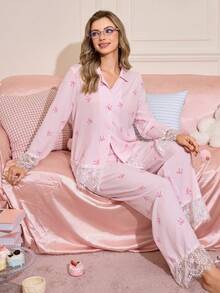 SHEIN Conjunto de pijama de mujer con cuello de encaje con volantes, estampado a rayas y parches de contraste de color, ropa de otoño - Rosa - Ver 1