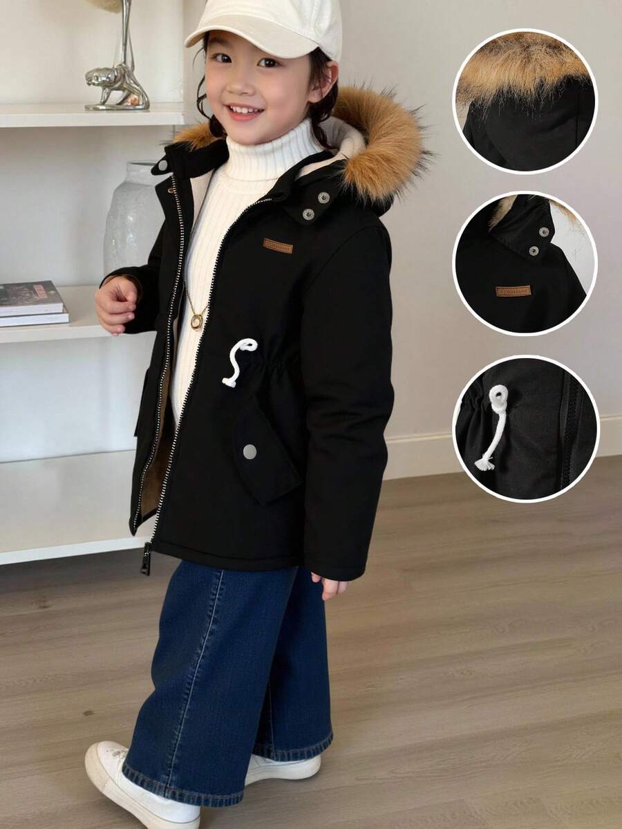 SHEIN 女童休闲酷炫黑色梭织哑光纯色面料白色腰部松紧带连帽拼接保暖外套,秋冬季 - 黑色 - 查看 1