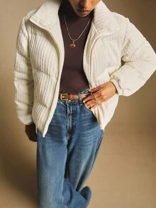 Poéselle 米色外套，女士绞花针织绗缝外套，拉链绗缝飞行员夹克 - 轻便舒适的冬季外套，针织，极简冬季，胶囊衣橱必备单品，复古风格，女士纹理立领拉链短款绗缝外套，秋冬 - 白色 - 查看 5