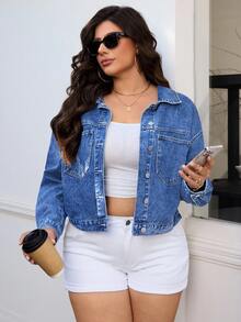 SHEIN Essnce Plus Size Casual Washed Cut-Off Denim Jacket - Blue - View 5