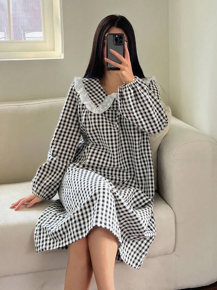 DAZY Cute Plaid Ruffle Patchwork Oversized Collar Lantern Sleeve Women Nightgown, Fall Pajama - Black - View 1