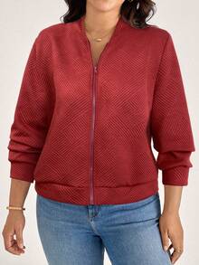 SHEIN LUNE 时尚休闲卡其色针织提花夹克，适合通勤休闲夹克女红色拉链夹克红色夹克女纹理夹克女飞行员夹克秋冬 - 酒紅色 - 查看 5