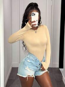 Slaydiva Mono de manga larga sin espalda de unicolor, de estilo minimalista para el verano - Albaricoque - Ver 4