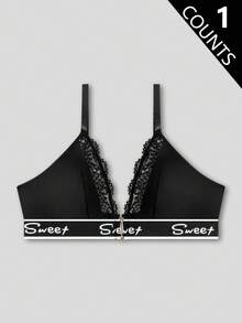 前开合、提升和增强、水滴杯、字母提花、蕾丝花边、舒适、蕾丝拼布、轻盈运动、加大码文胸和无钢圈文胸 - 黑色 - 查看 1