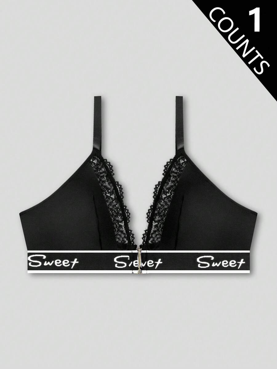 前开合、提升和增强、水滴杯、字母提花、蕾丝花边、舒适、蕾丝拼布、轻盈运动、加大码文胸和无钢圈文胸 - 黑色 - 查看 1