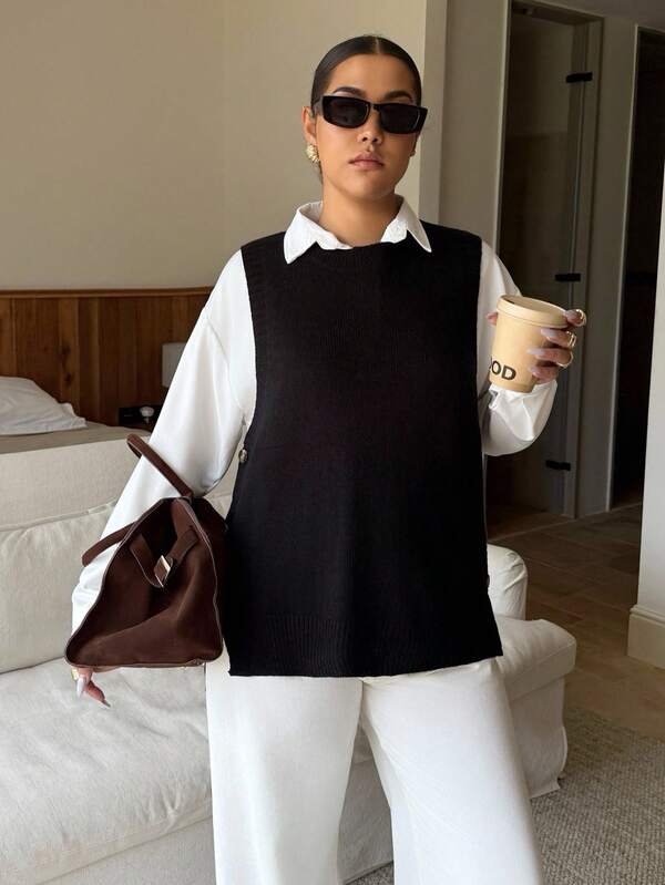 Dripcurv Plus Size Loose Buttoned Hem Split Pullover Sweater Vest Business Casual Woman,Holiday Outfits,Country Tops