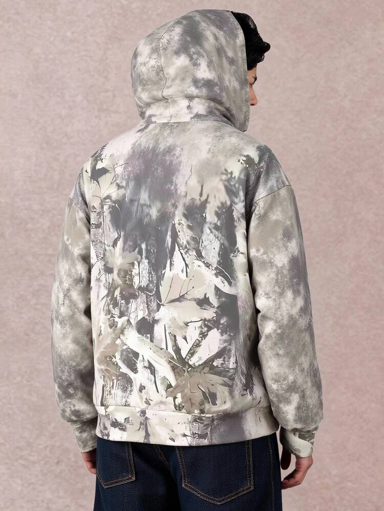 Kapuzenjacke mit durchgehendem Reißverschluss und abstraktem Marmor-Print und Kordelzug