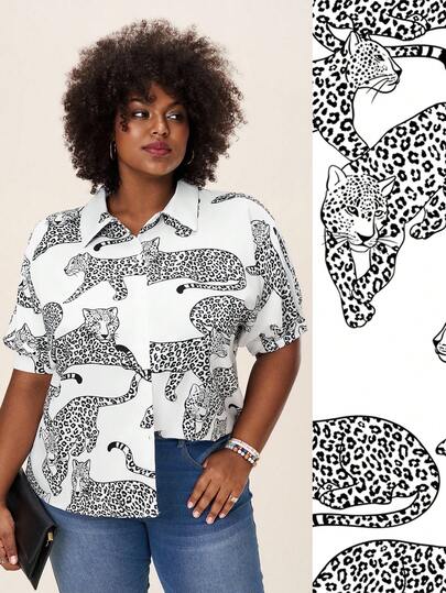 Comfylo 大码豹纹印花纽扣前衬衫领短袖衬衫，夏季
