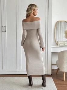 Easowa Women's Elegent Beige Winter Off Shoulder Fuzzy Ribbed Long Sleeve Midi Dress,Tight-Fitting Casual Fall Clothes For Date,Elegant Formal Evening Dress - Khaki - View 3