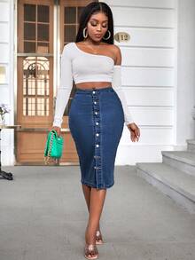 EURMUSE Women's Fashionable Sexy Front Button Bodycon Denim Mini Skirt - Medium Wash - View 4