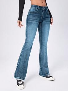 SHEIN Cottnline سراويل جينز نسائية ذات خصر منخفض وجرس واسع مع جيوب للاستخدام اليومي - ازرق ضبابي - مشاهدة 4