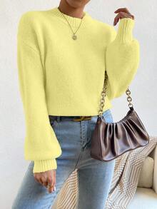 SHEIN Unity Women's Yellow Round Neck Drop Shoulder Wool Blend Pullover Sweater Fall Winter Cloth For Women - Yellow - View 3