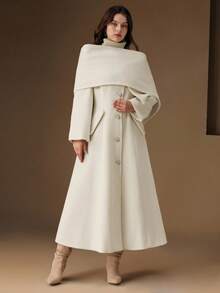 Anewsta Women's Elegant Vintage Christmas Date Night Round Neck Pearl Button Solid Color Waist Flared Long Wool Coat, Plus Size