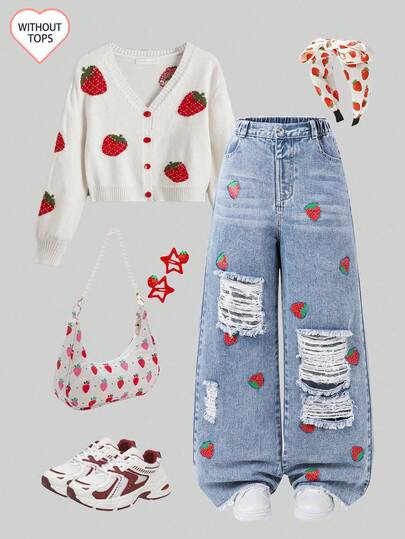 Sparklyn Tween Girls' Dark Washed Blue Strawberry Print Wide Leg Jeans, Comfortable Sweet Casual Vacation School Style Recommended! Comfortable Dark Washed Blue Denim Fabric, Rugged Frayed Hem And Delicate Strawberry Print Collide, Elastic Waistband + Zipper + High-Waisted Design Fall Winter