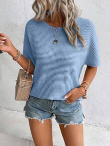 Chiquease Áo thun thường ngày bốt cổ ngắn tay dơi trơn màu dành cho nữ có thiết kế xoắn ở lưng - Màu xanh lam - Xem 3