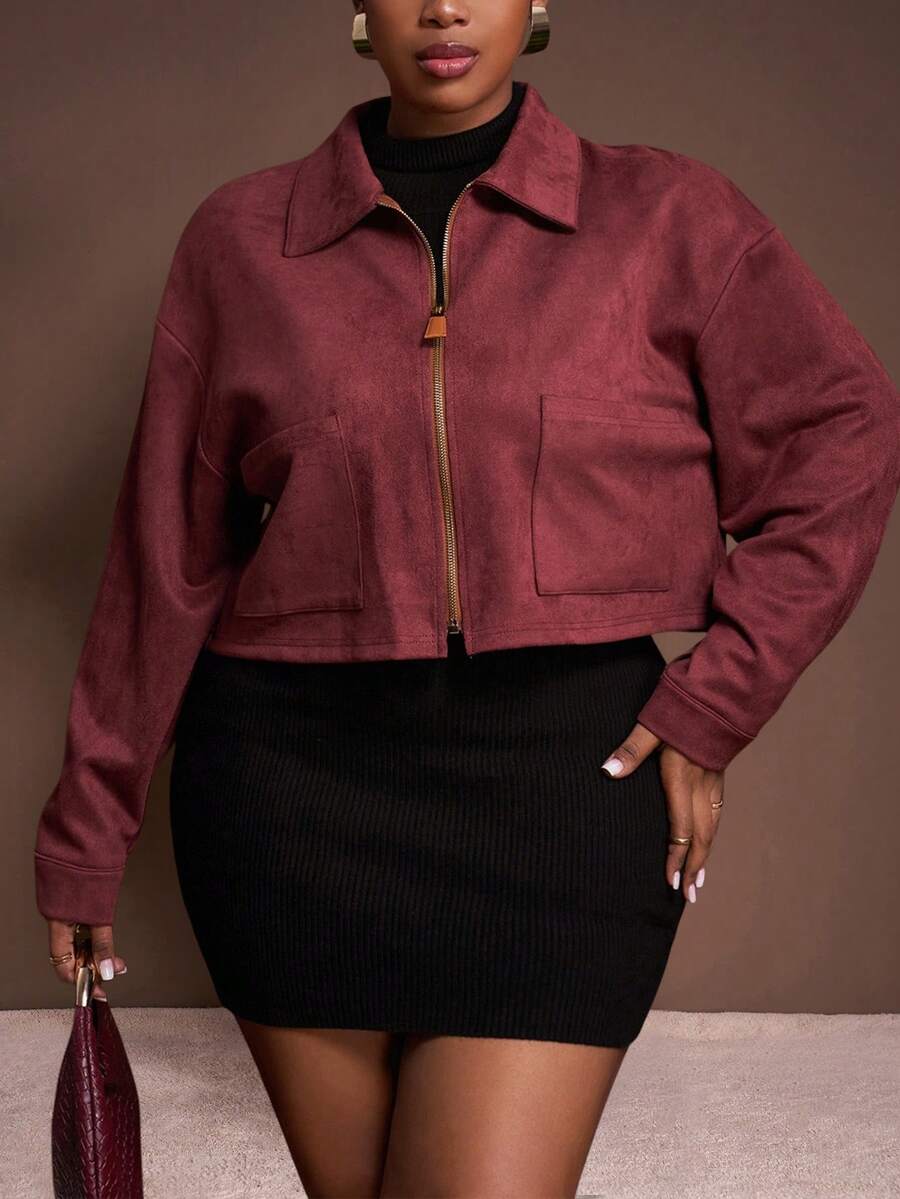 Veslaya Hàng mới về đầu thu, thanh lịch và thoải mái cho trang phục hàng ngày, áo khoác ngắn cổ sơ mi màu đỏ gỉ sét dáng rộng có khóa kéo, cỡ lớn dành cho nữ - Thu Đông - Rỉ Nâu - Xem 1