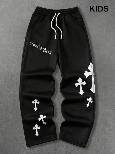 PAVTROS Pantalones de chándal rectos y sueltos con estampado gráfico para niños preadolescentes en otoño e invierno