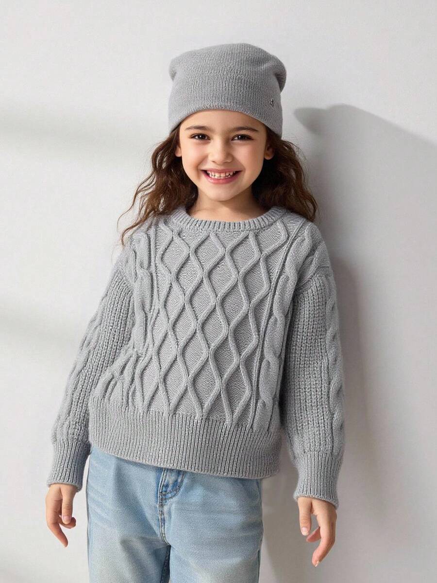 Maija Kids 女童复古休闲独特设计套头针织毛衣，秋冬 - 淺灰色 - 查看 1