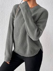 EMERY ROSE Women's Solid Color Minimalist Crew Neck Long Sleeve Knit Pullover Sweater, Everyday Wear - Grey - View 3