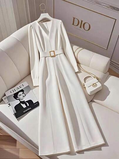 SHEIN Franclia 女士白色优雅修身V领长袖连体裤，适合通勤、秋冬夏季假期阳光之旅，营造度假氛围，全白服装，适合大学秋季穿着。