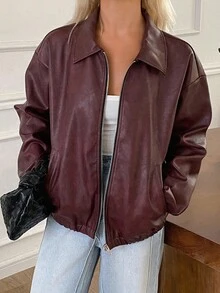 DAZY 秋冬新款宽松休闲PU酒红色女式夹克外套皮夹克 - 紅色 - 查看 1