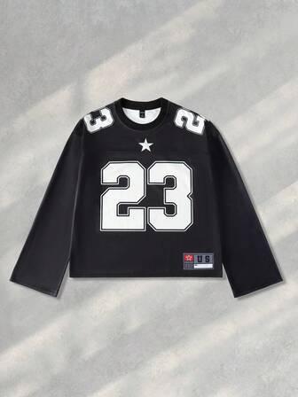 Prep Camiseta de manga larga con cuello redondo y patrón numérico versátil para hombre, para el otoño