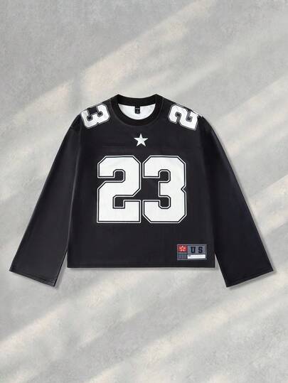 Prep Camiseta de manga larga con cuello redondo y patrón numérico versátil para hombre, para el otoño