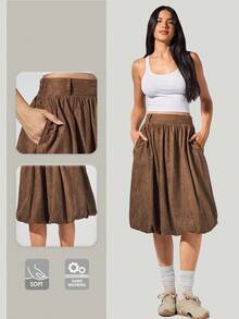 Menodora SHEIN Sport 女式纯色口袋装饰休闲中长裙 - 咖啡棕 - 查看 2