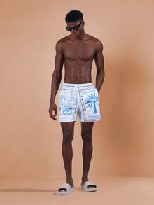 SUMWON Shorts de playa casuales con estampado de palmeras, tabla de surf hawaiana, pantalones cortos de verano con cordón y cintura elástica, ropa de resort, vacaciones, shorts para fiesta en la piscina