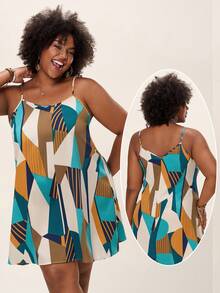 Comfylo Plus Size Colorful Geometric Pattern A-Line Sleeveless Sundress For Summer Business Casual Fall Clothes Plus Size