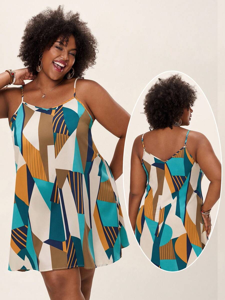Comfylo Plus Size Colorful Geometric Pattern A-Line Sleeveless Sundress For Summer Business Casual Fall Clothes Plus Size