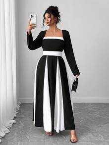 Elenzga Elegant Minimalist Color Block Long Sleeve Square Neck Dress Fall Cloth For Women - Black and White - View 1
