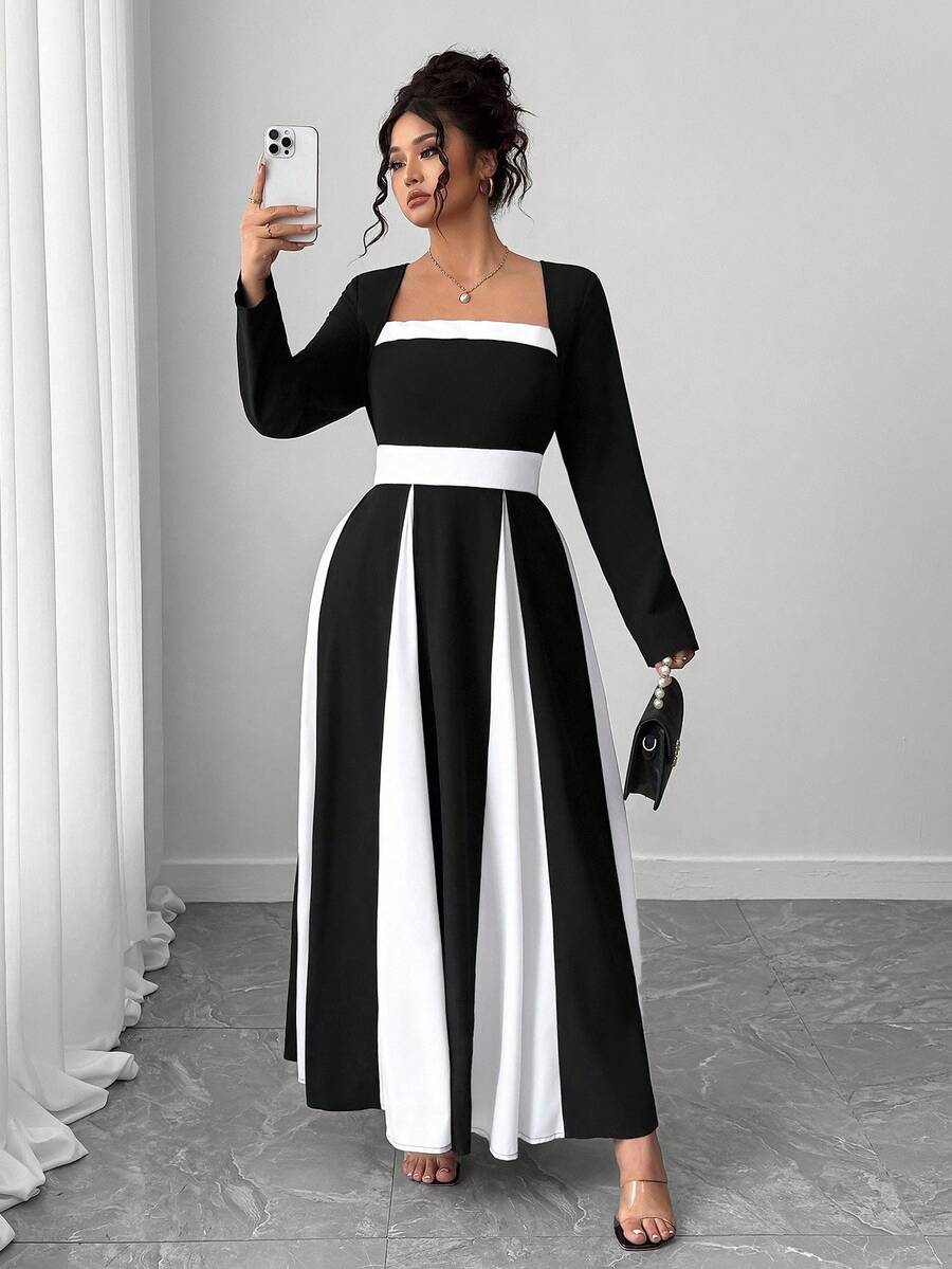 Elenzga Elegant Minimalist Color Block Long Sleeve Square Neck Dress Fall Cloth For Women - Black and White - View 1