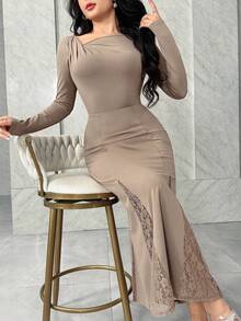 Feyla Asymmetric Asymmetrical Lace Patchwork Knit Off Shoulder Ruffle Long Sleeve Dress - Pink - View 1
