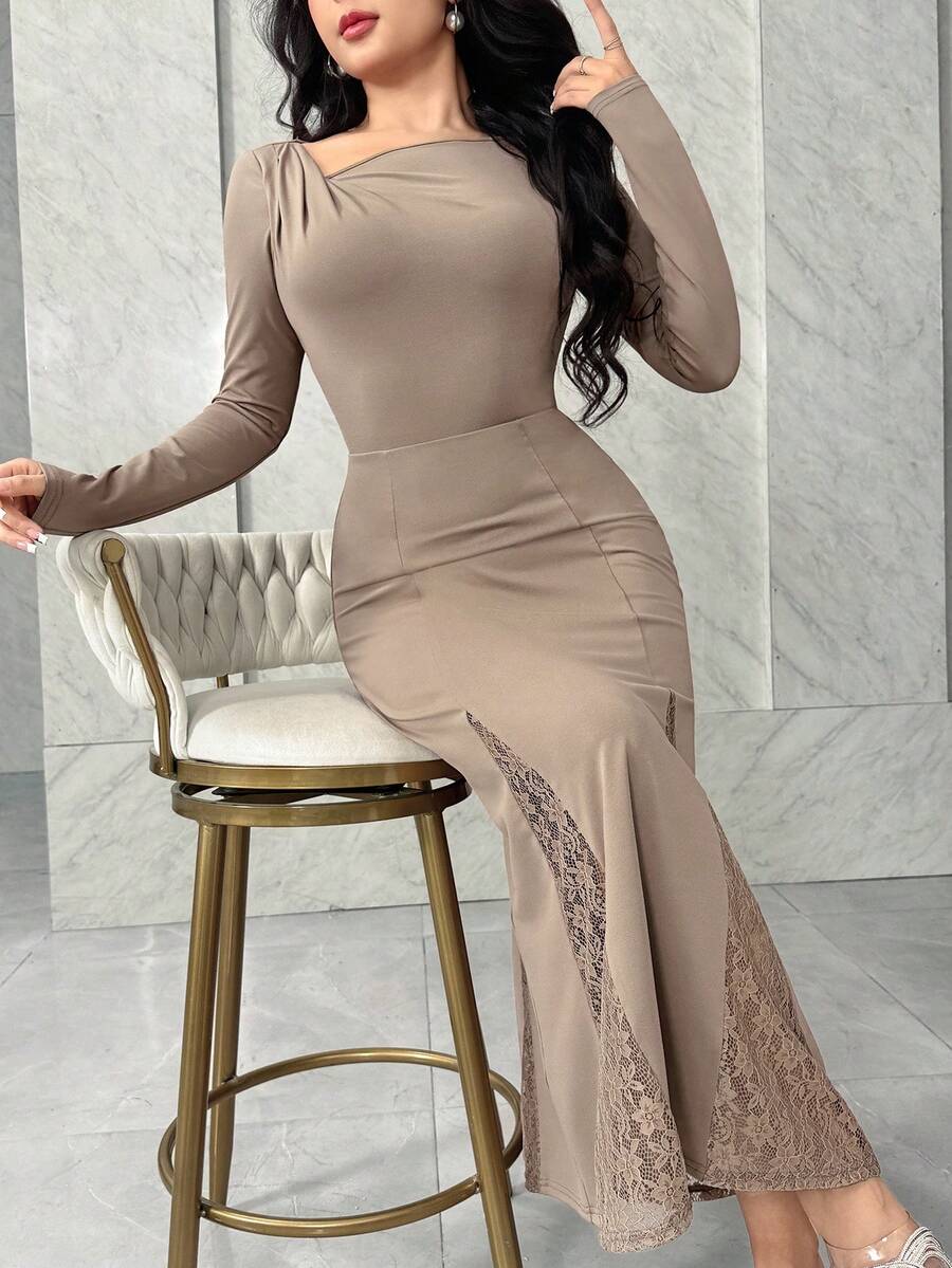 Feyla Asymmetric Asymmetrical Lace Patchwork Knit Off Shoulder Ruffle Long Sleeve Dress - Pink - View 1