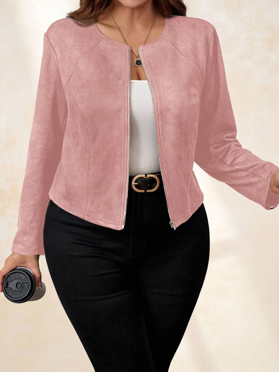 SHEIN Clasi Áo khoác da lộn giả màu đen cỡ lớn cho nữ, thanh lịch khi đi làm hàng ngày và mặc đi làm vào mùa thu/đông - Hồng - Xem 1