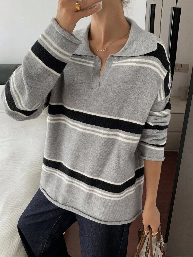 Vintage Striped Polo Collar Sweater For Women, New Stylish And Versatile High-Quality Knit Top Fall/Winter