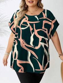 SHEIN CURVE+ 大码女式休闲条纹几何图案宽松圆领衬衫，适合春夏季穿着，可用于海滩度假、海滩休闲、毕业典礼、下午茶聚会等场合。 - 彩色 - 查看 6