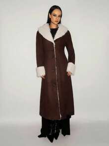 SHEIN ICON Women's Fashion Single-Breasted Faux Fur Collar Patchwork Long Coat, Winter - Brown - View 4