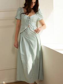 EMERY ROSE Váy Oktoberfest gợi cảm tay phồng kẻ sọc cổ khoét sâu eo bó sát - màu xanh lá - Xem 5