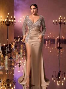 Glamrae 加大码优雅奢华卡其色串珠花卉亮片拼布弹力针织泳衣，搭配褶饰性感开衩鱼尾裙，适合婚礼、单身派对、度假、庆典、正式场合（重度点缀） - 卡其色 - 查看 5